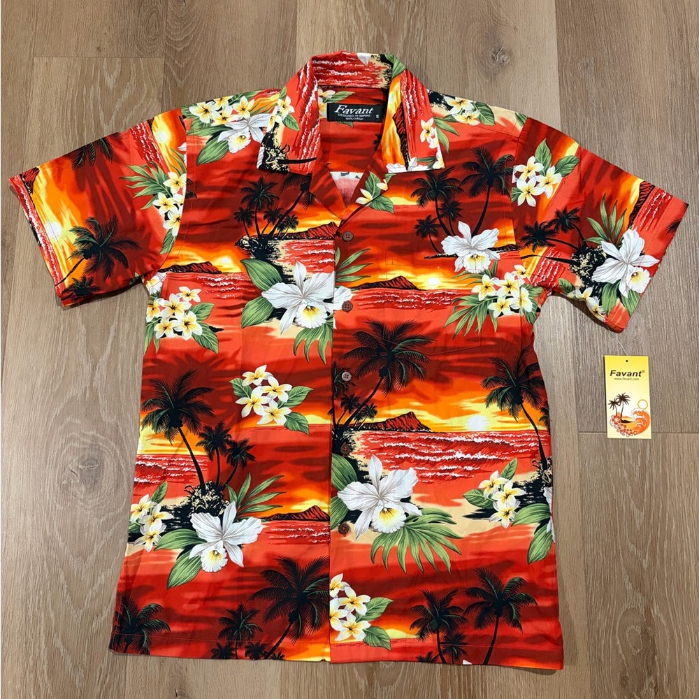 Favant Mens Hawaiian Aloha Button Up Shirt Waikīkī Sunset Size Small New